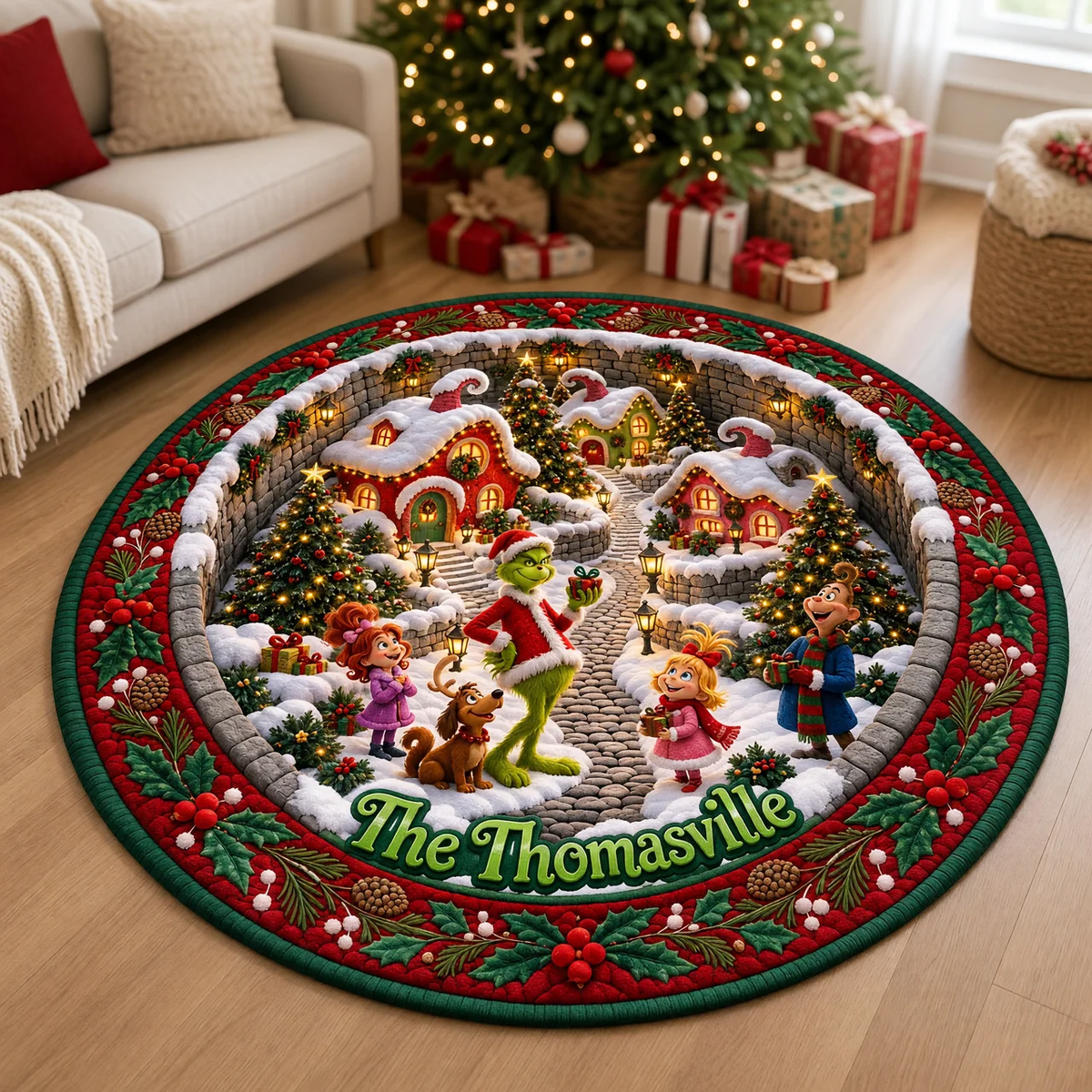 Custom Christmas Family Rug With Name, Personalized Holiday Character Rug, Gift for Families, Christmas Lovers and Festive Home Decor hn14102026tp