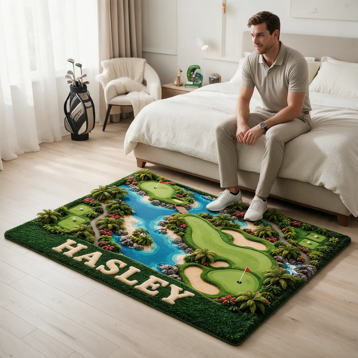 Personalized Square Golf Course Rug With Custom Name, Coastal Fairway Tufted Floor Decor, Unique Gift for Golf Lovers hn27102026
