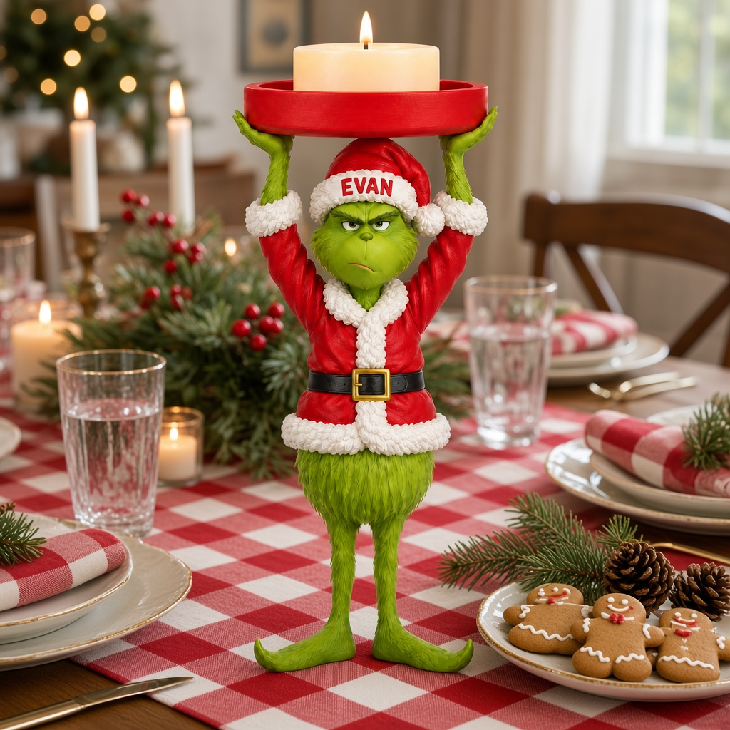 Funny Christmas Candle Holder With Custom Name, Green Holiday Character Candle Stand, Personalized Christmas Gift for Holiday Decor Lovershn15102026tp