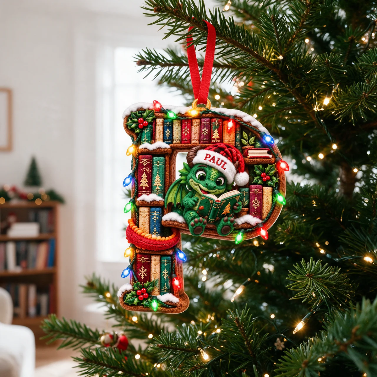 Personalized Dragon Reading Christmas Ornament, Custom Alphabet Letter and Name, 3D Bookshelf Holiday Decor, Gift for Book Lovers hn30102026