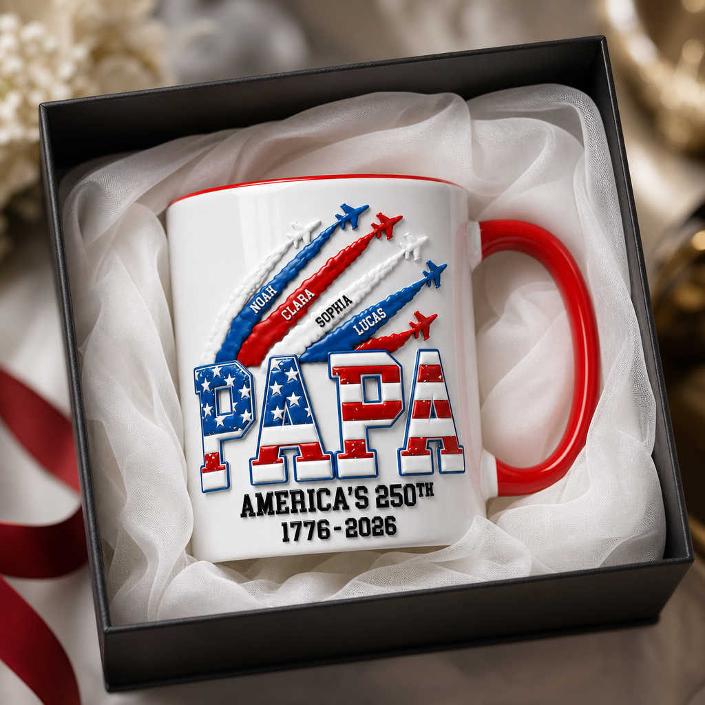 Custom Papa Patriotic Mug, Personalized 4th Of July Coffee Mug, America 250th Anniversary Gift For Dad, Custom Family Name Independence Day Mug