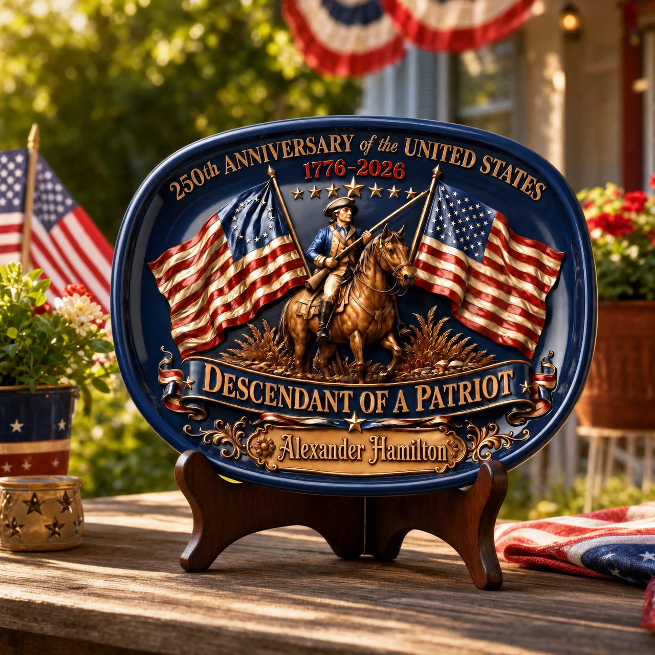 Custom Name Descendant of a Patriot Plate - 250th Anniversary USA Display Plaque