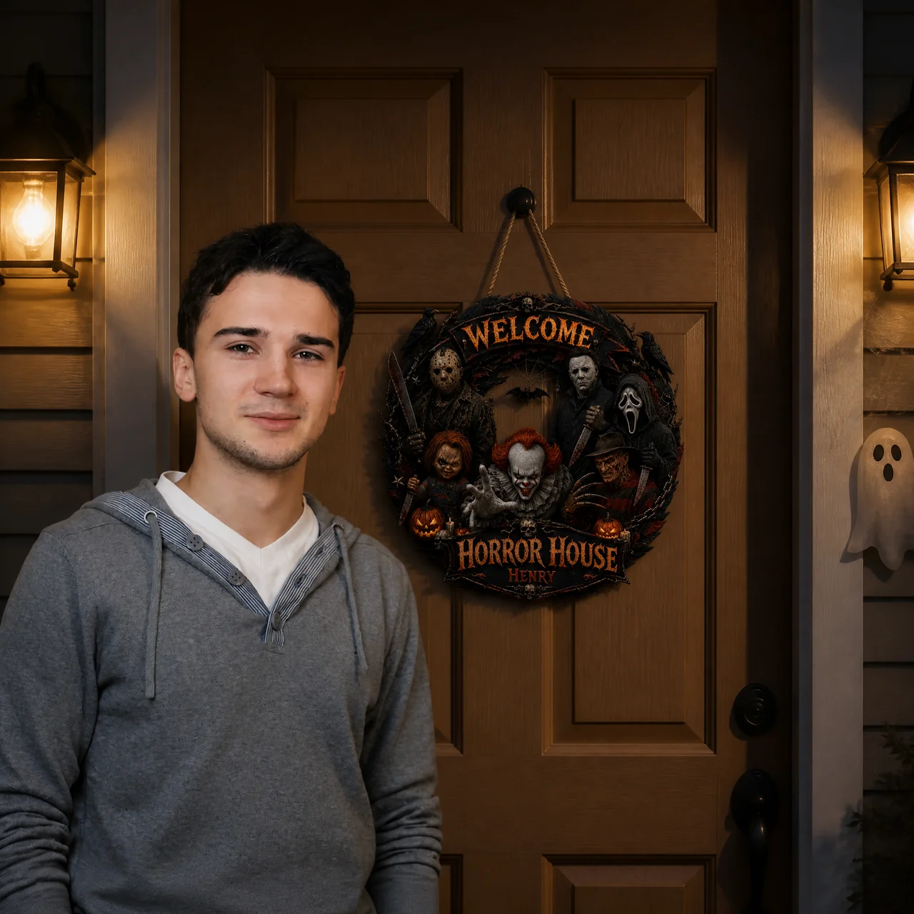 Custom Name Horror Door Hanger, Personalized Spooky Welcome Sign, Gift for Horror Fans hn23072026