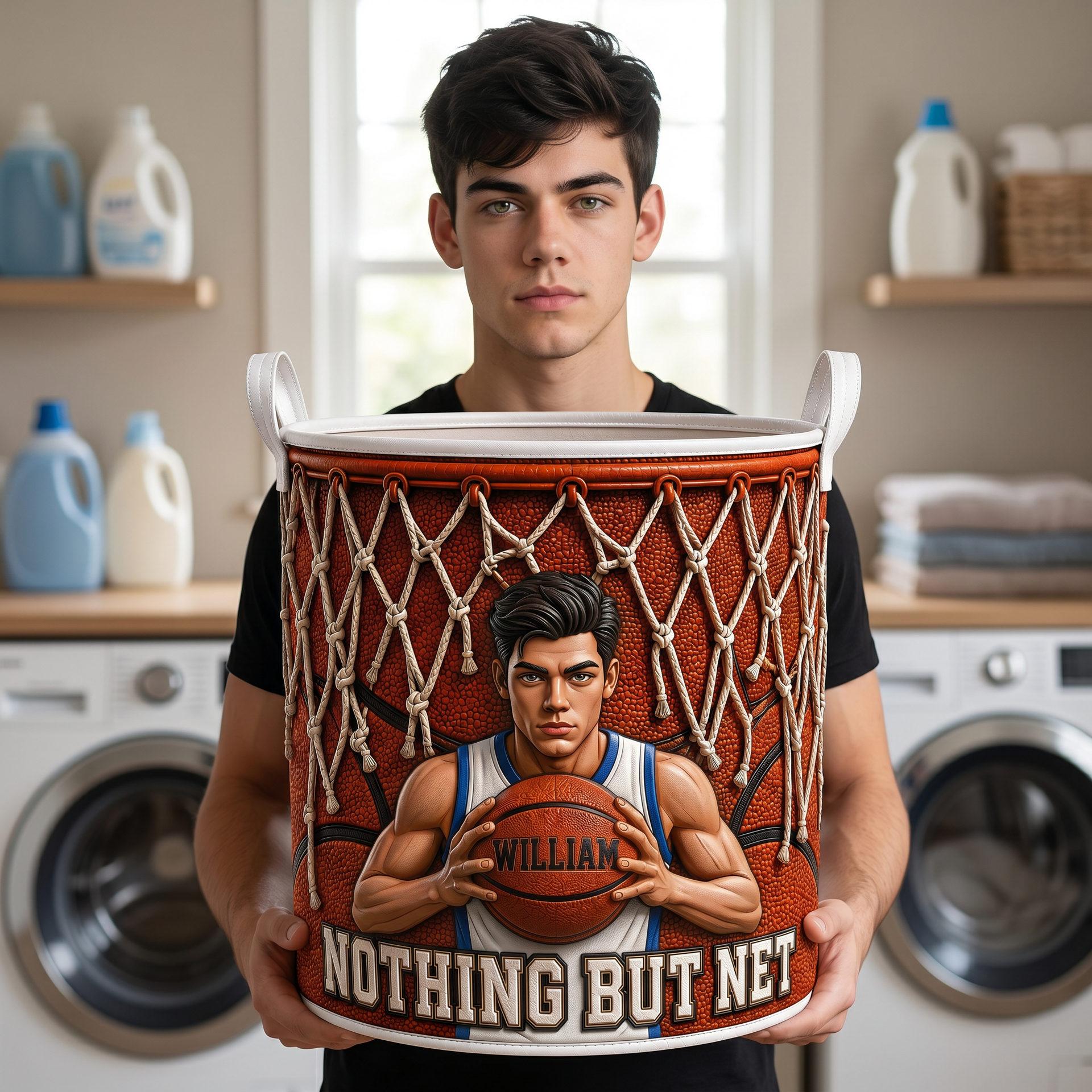 Custom Photo Name Basketball Laundry Basket, Personalized Sports Hamper, Gift for Basketball FansCustom Photo Name Basketball Laundry Basket, Personalized Sports Hamper, Gift for Basketball Fans hn17072026