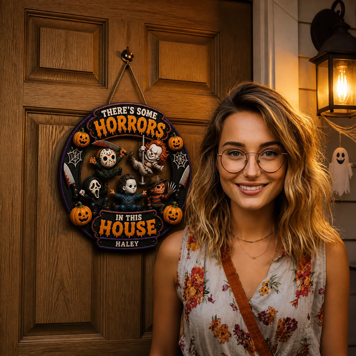 Custom Name Chibi Horror Door Hanger, Personalized Spooky Welcome Sign, Gift for Horror Fans hn23072026