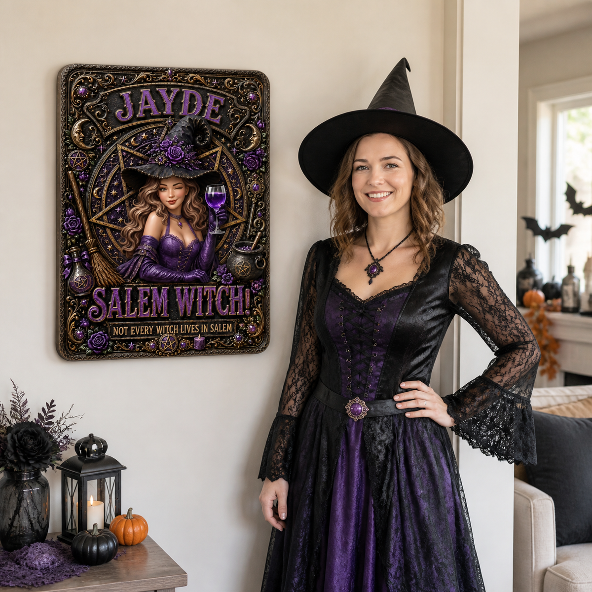 Custom Photo Name Witch Metal Sign, Personalized Witch Wall Decor, Gift for Witch Lovers and Magic Fans hn24082026