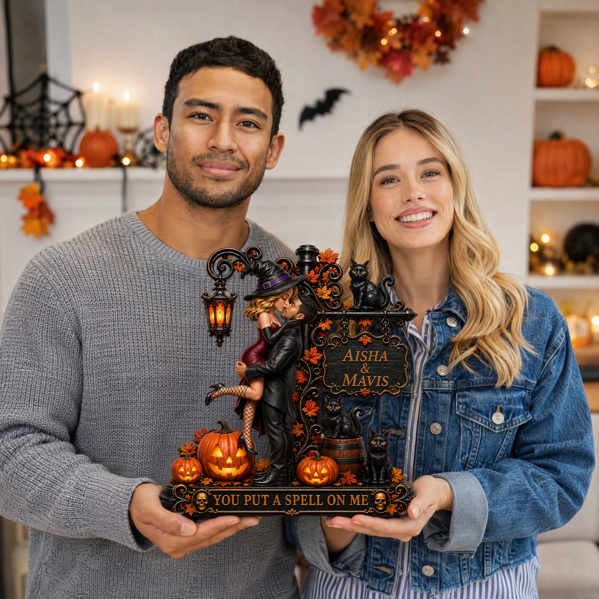 Custom Couple Photo Name Halloween Plaque, Personalized Spooky Love Decor, Gift for Couples hn20082026