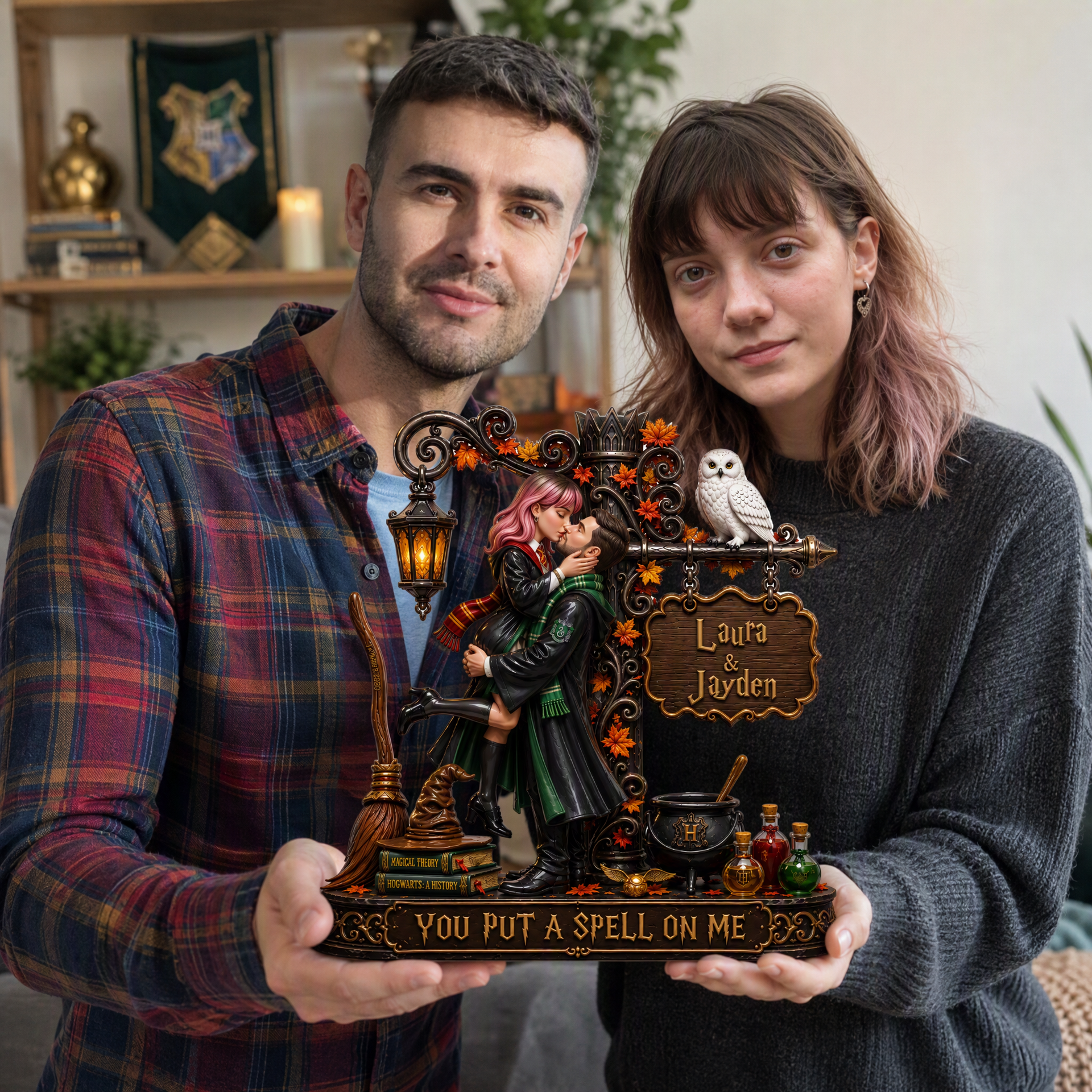 Custom Couple Photo Name Magic Plaque, Personalized Fantasy Love Display, Gift for Wizard Fans and Couples hn20082026