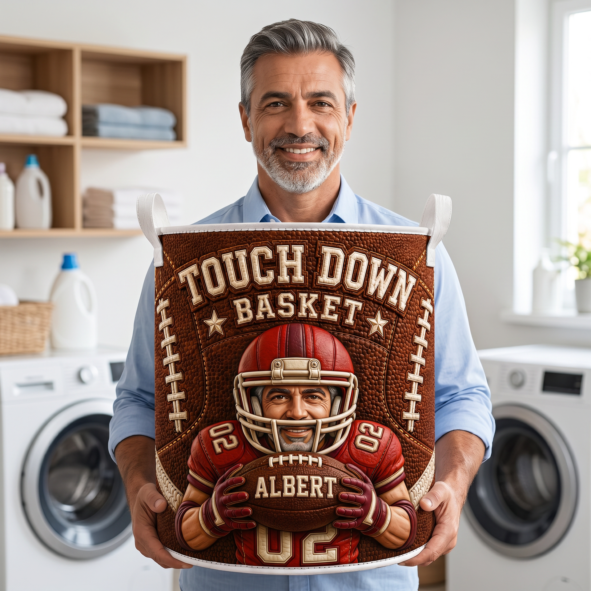 Custom Photo Name Football Laundry Basket, Personalized Sports Hamper, Gift for Football Fans hn17072026