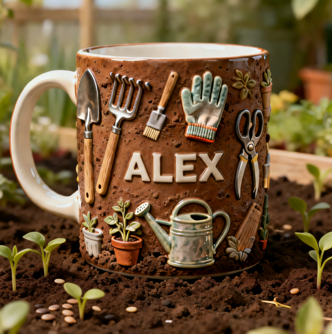 3D Gardening Mug – Ceramic Garden Lover Cup with Tools Design, Nature Inspired Gift
