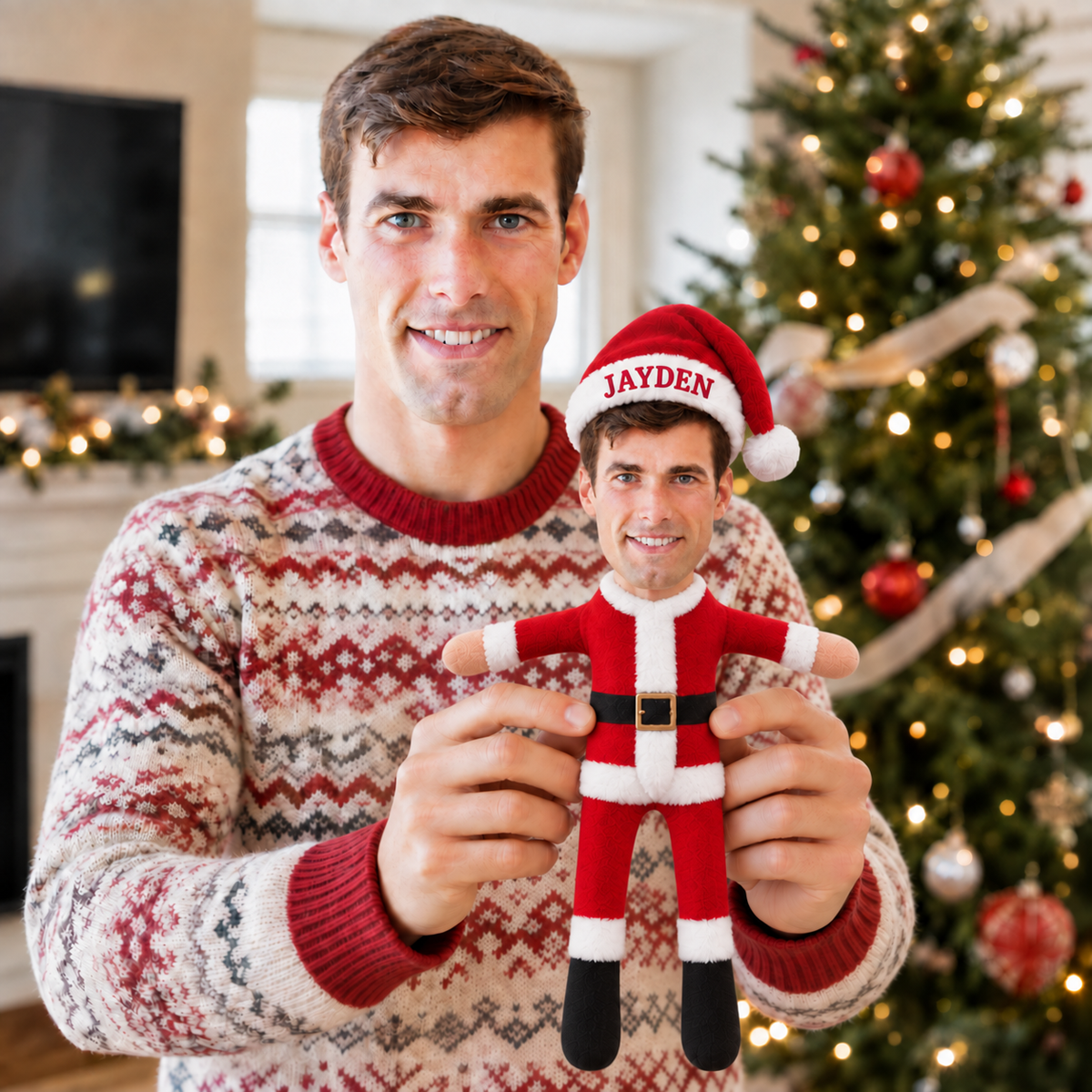 Custom Christmas Poseable Plush Doll With Photo and Name, Personalized Santa Stuffed Toy, Gift for Family, Kids and Christmas Lovers hn22092026