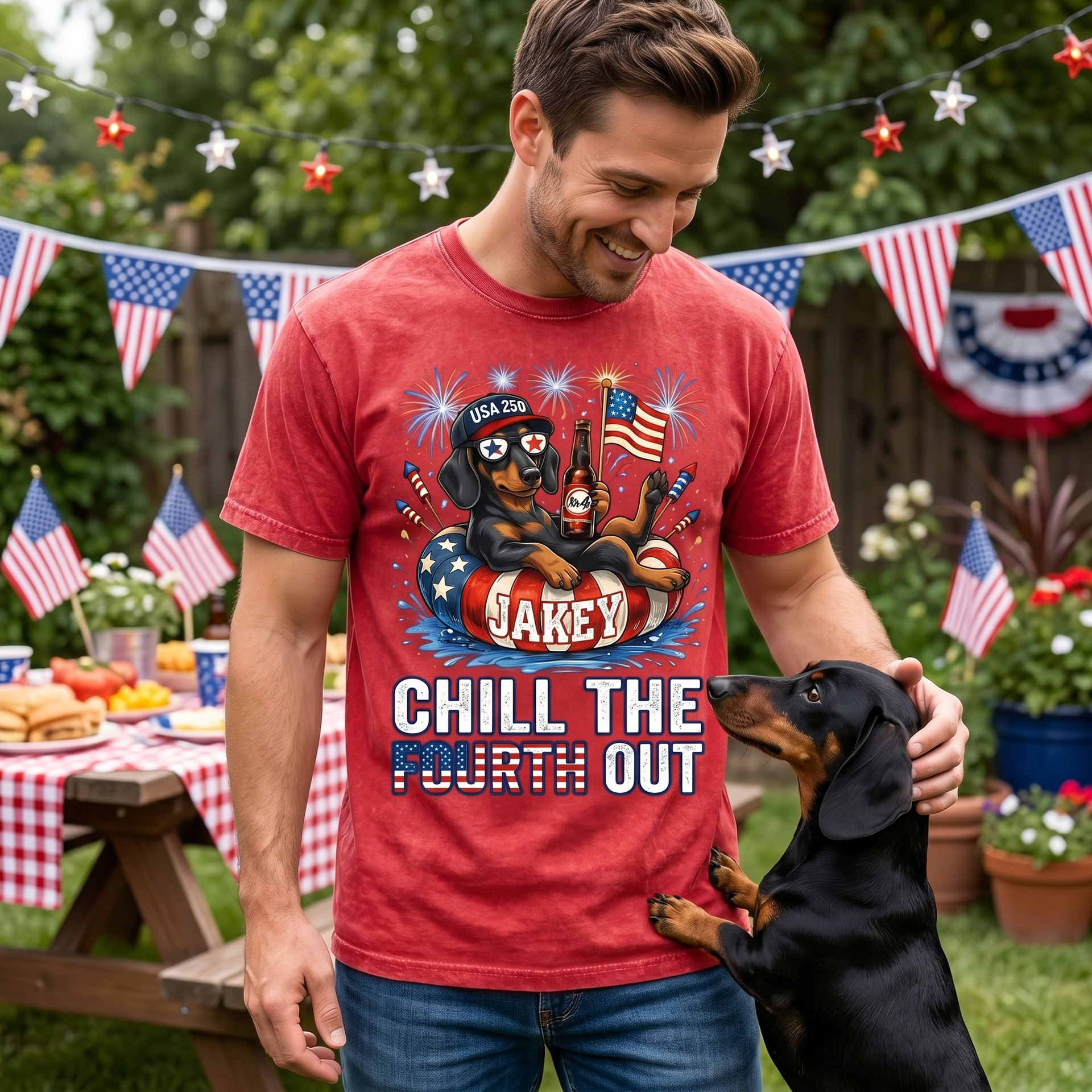 Custom Dog Photo Vintage Wash Shirt - Chill The Fourth Out USA 250 Patriotic Tee