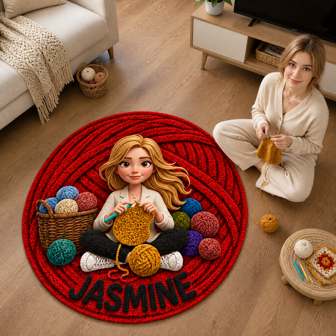 Custom Photo Name Knitting Rug, Personalized Yarn Lover Area Rug, Gift for Knitters