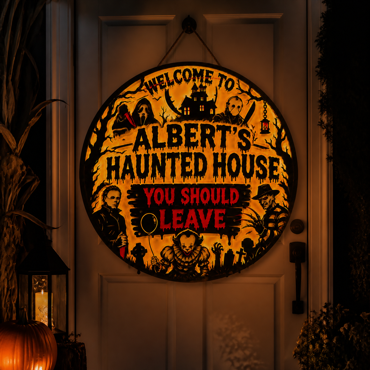 Custom Name Glow In The Dark Horror Door Hanger, Personalized Halloween Haunted House Sign, Gift for Horror Fans hn07082026