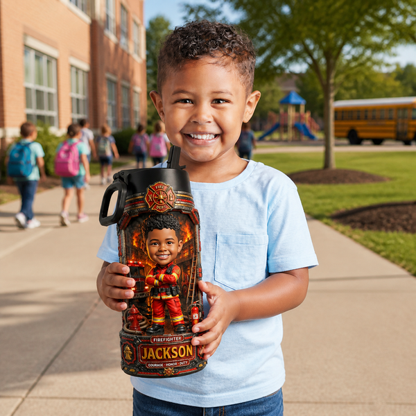 Custom Firefighter Photo Water Bottle - Personalized Back to School Gift for Boys