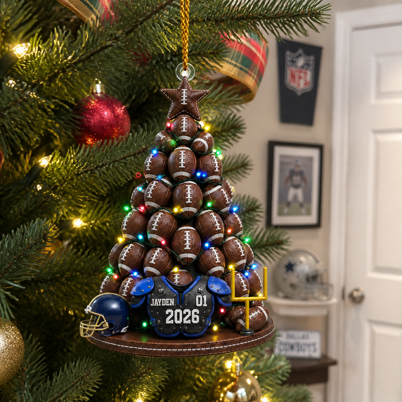 Custom Name Football Christmas Ornament, Personalized Football Tree Decoration, Gift for Football Fans hn11082026
