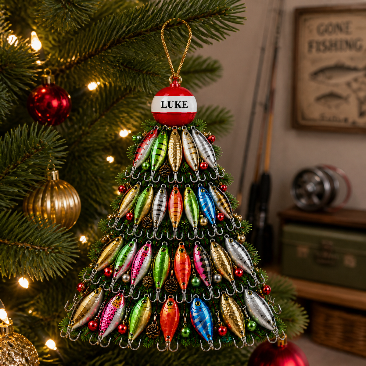 Custom Name Fishing Christmas Ornament, Personalized Fishing Tree Decoration, Gift for Fishing Lovers hn13082026