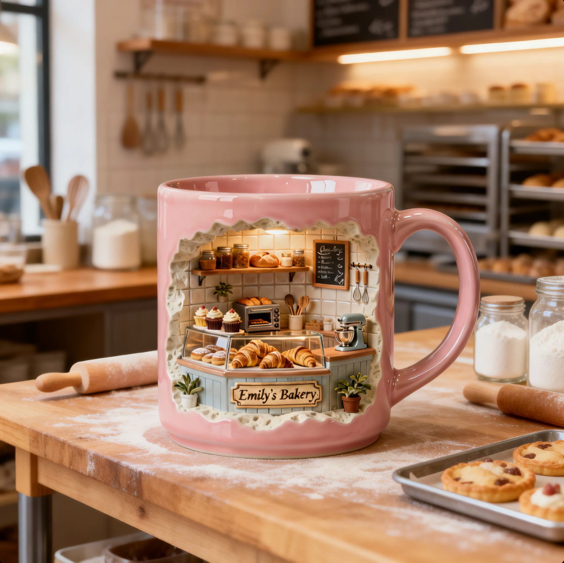 Personalized Bakery Mug with Name – 3D Mini Bakery Coffee Mug, Baker Gift