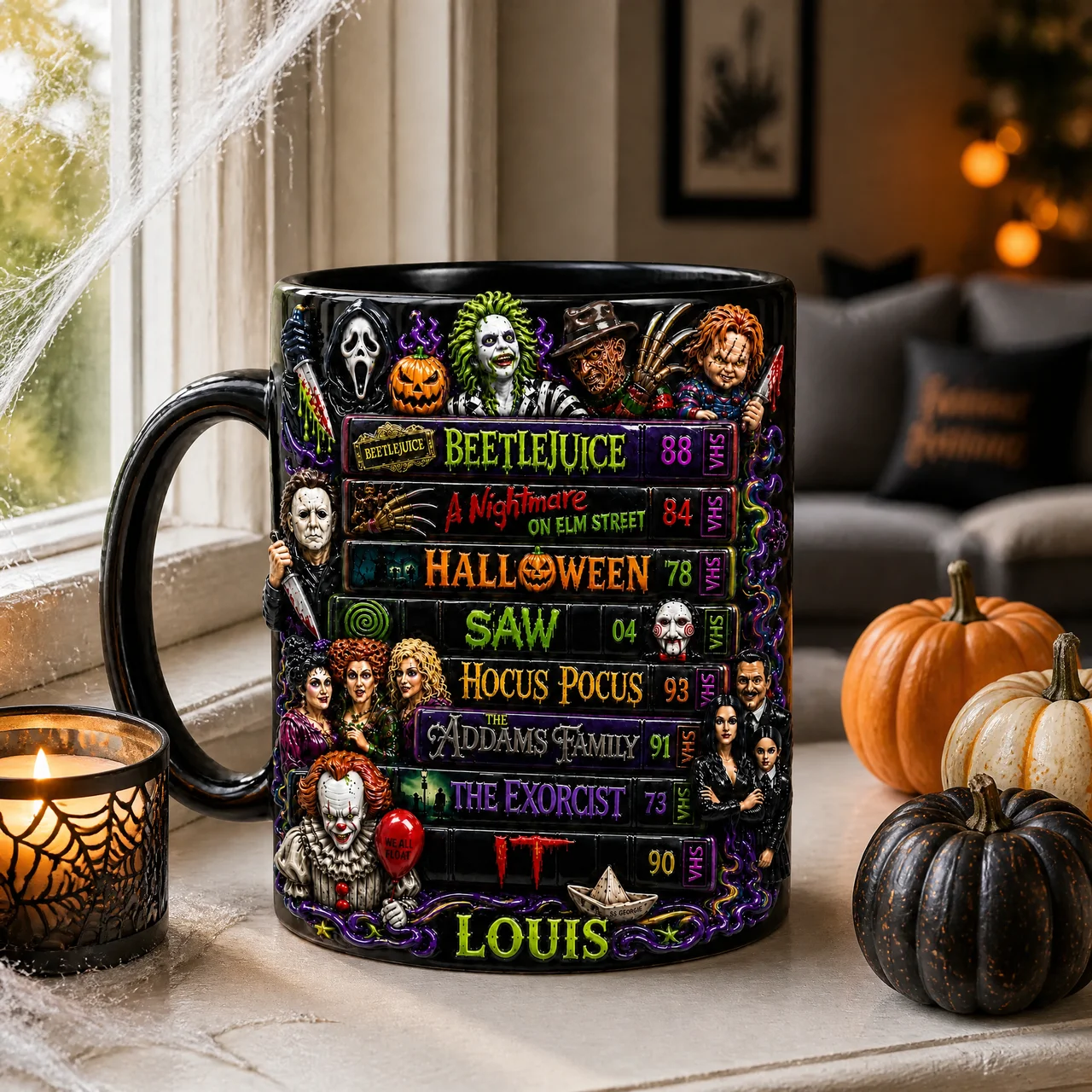 Custom Name Horror Mug, Personalized Spooky Movie Mug, Gift for Horror Fans hn23072026