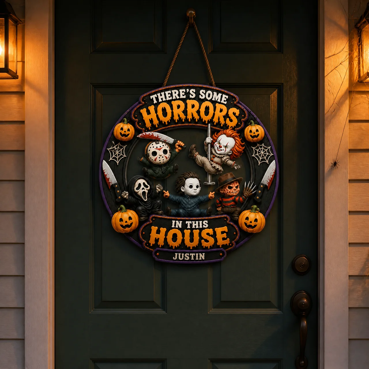 Custom Name Chibi Horror Door Hanger, Personalized Spooky Welcome Sign, Gift for Horror Fans hn23072026