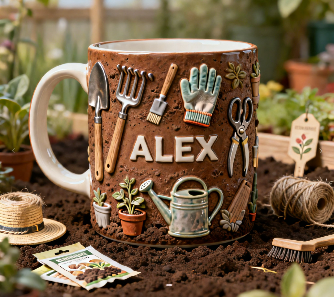 3D Gardening Mug – Ceramic Garden Lover Cup with Tools Design, Nature Inspired Gift