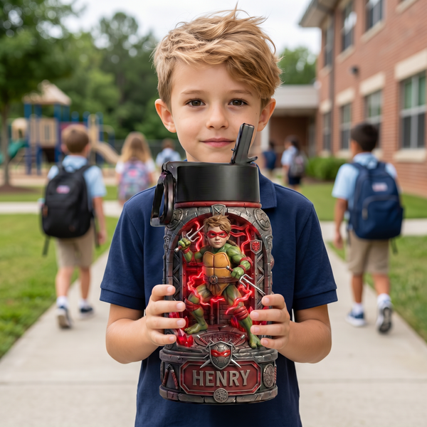 Personalized Kids Name Water Bottle - Custom 3D Hero Ninja Photo School Tumbler