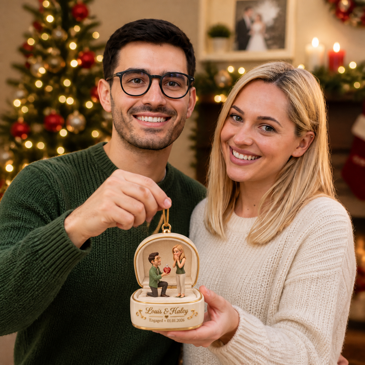 Custom Engagement Ring Box Christmas Ornament, Personalized Couple Proposal Keepsake With Names and Date, Gift for Couples hn08092026