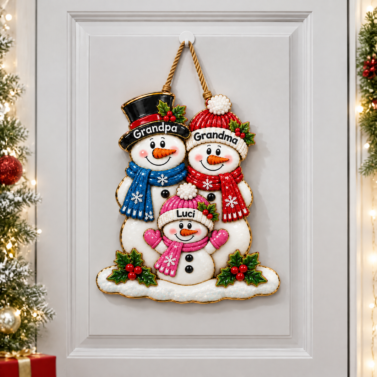 Custom Christmas Snowman Door Hanger With Name, Personalized Holiday Front Door Decor, Gift for Grandparents and Families hn30092026