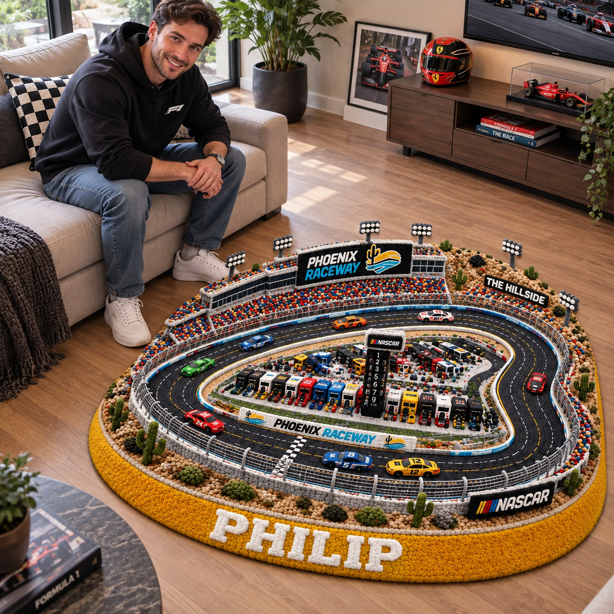 Custom Race Track Stadium Rug With Name, Oval Speedway Tufted Floor Decor, Personalized Motorsport Room Accent, Gift for Racing Fans hn22102026