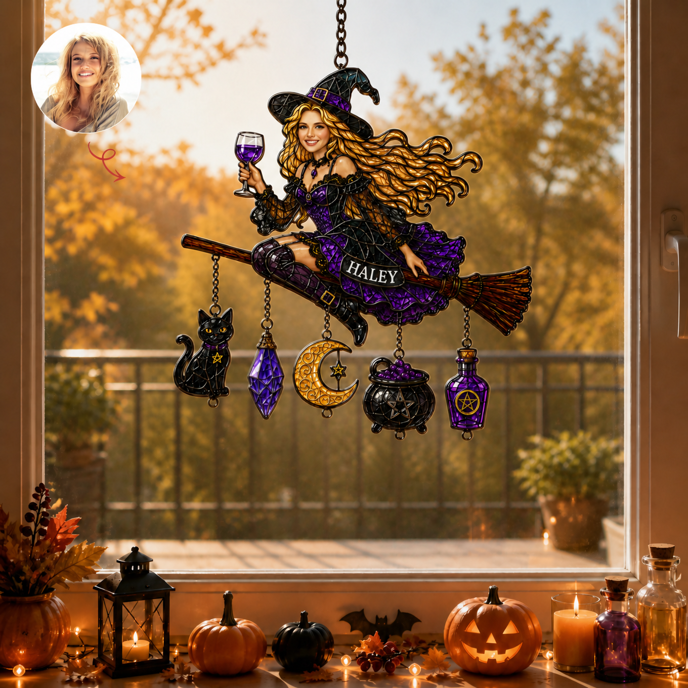Custom Photo Name Witch Suncatcher Wind Chime, Personalized Magical Window Decor, Gift for Witch Lovers