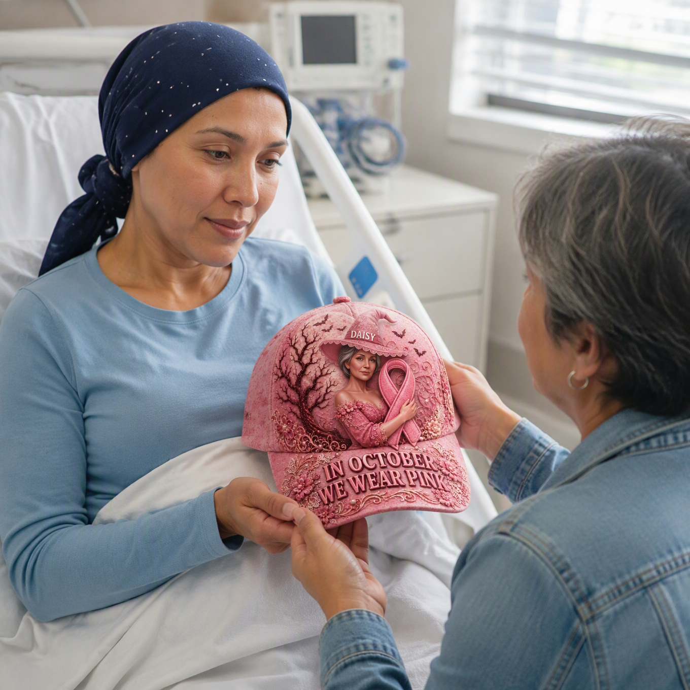 Custom Photo Name Pink Ribbon Hat, Personalized Breast Cancer Awareness Cap, Gift for Breast Cancer Patients and Survivors hn17082026