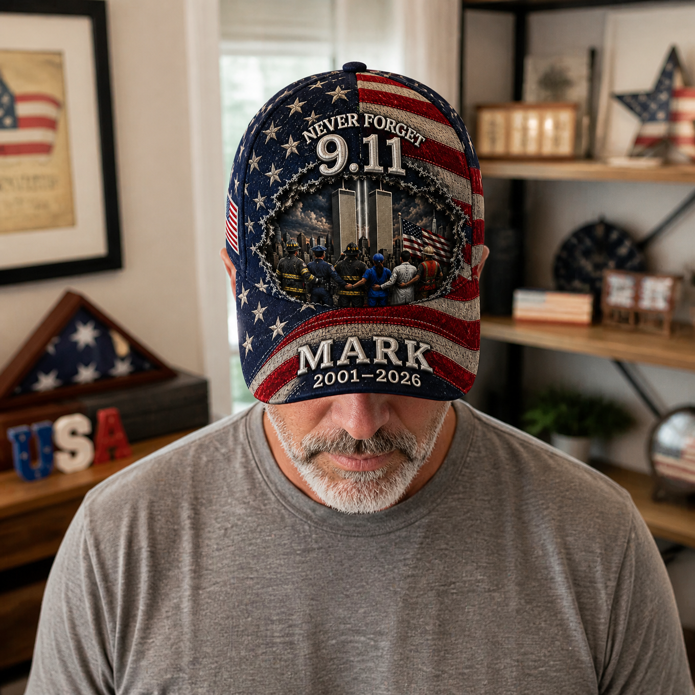 Custom Name 9/11 Memorial Hat, Personalized American Flag Cap, Patriotic Gift for Patriots hn17082026