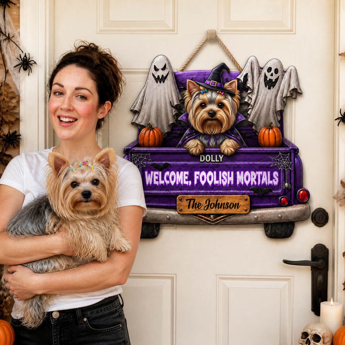 Custom Photo Name Pet Halloween Door Hanger, Personalized Dog & Cat Front Door Decor, Gift for Pet Lovers hn18082026