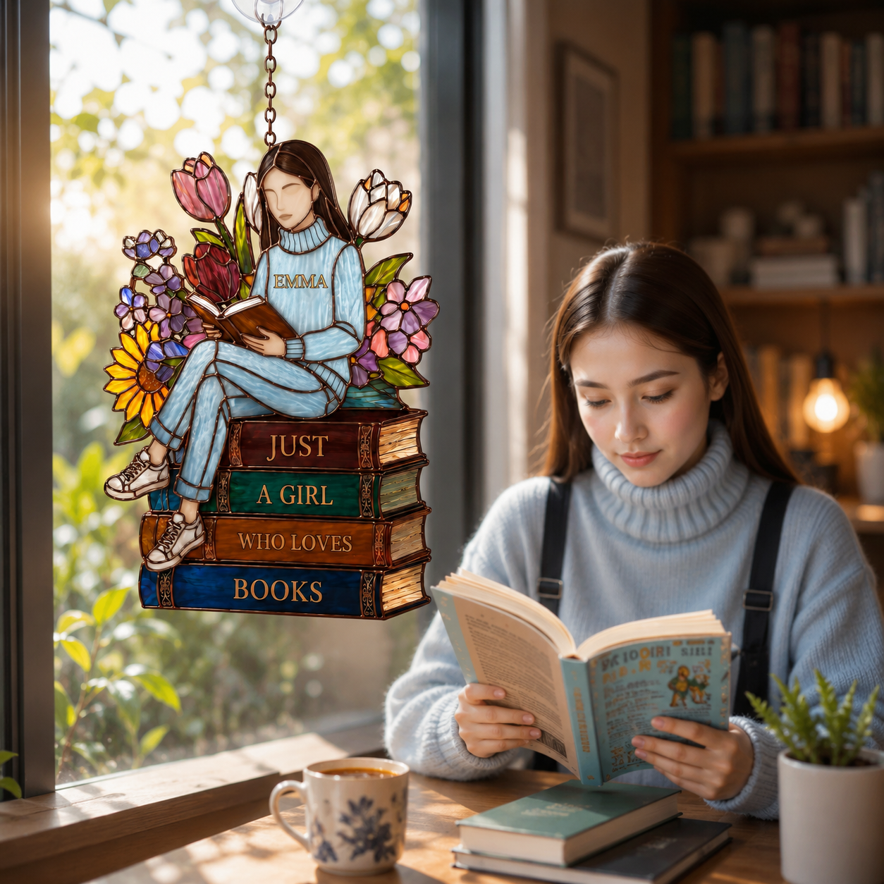 Custom Book Lover Suncatcher, Personalized Reader Window Hanging, Custom Photo Stained Glass Ornament, Gift For Book Lovers And Bibliophiles