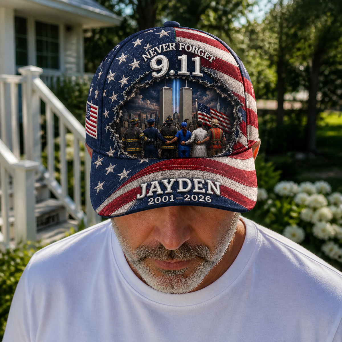 Custom Name 9/11 Memorial Hat, Personalized American Flag Cap, Patriotic Gift for Patriots hn17082026