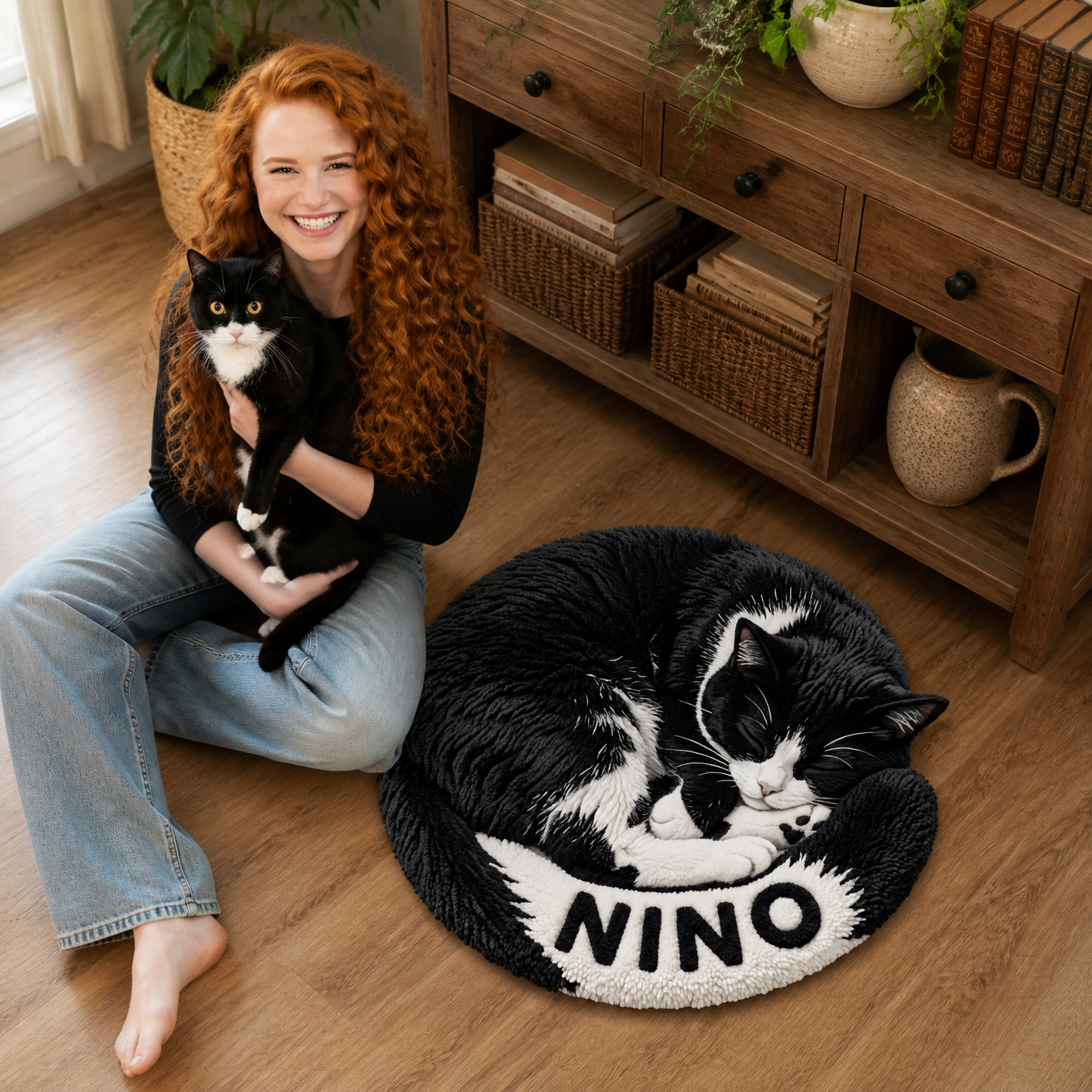 Custom Photo Name Cat Rug, Personalized Pet Portrait Floor Mat, Gift for Cat Lovers and Pet Owners hn18082026