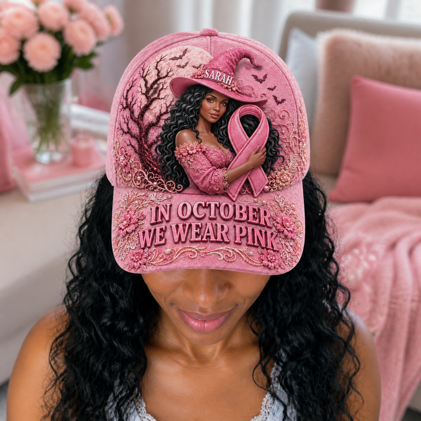 Custom Photo Name Pink Ribbon Hat, Personalized Breast Cancer Awareness Cap, Gift for Breast Cancer Patients and Survivors hn17082026