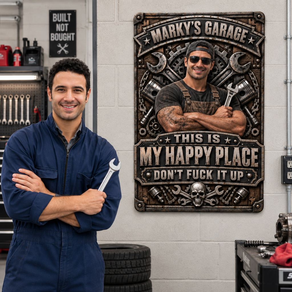 Custom Car Mechanic Metal Sign With Photo and Name, Personalized Garage Wall Decor, Gift for Auto Mechanics and Car Lovers