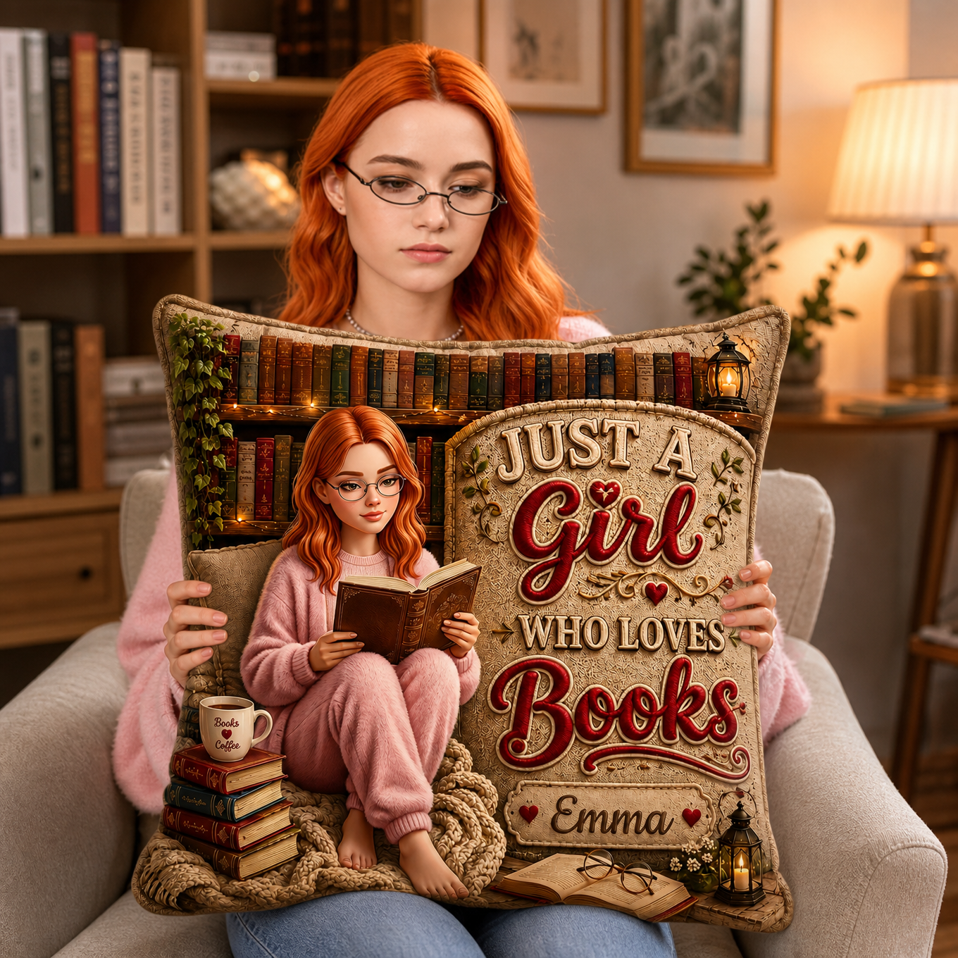 Personalized Book Lover Pillow, Custom Reader Photo Cushion, Just A Girl Who Loves Books Throw Pillow, Gift For Book Lovers, Bibliophiles And Reading Fans