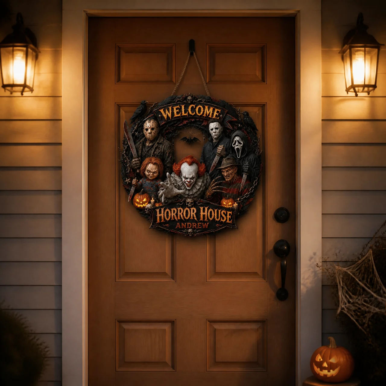 Custom Name Horror Door Hanger, Personalized Spooky Welcome Sign, Gift for Horror Fans hn23072026