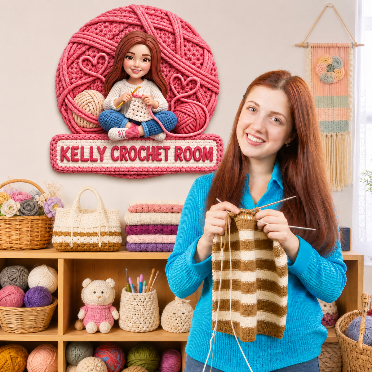 Custom Crochet Metal Sign With Photo and Name, Personalized Yarn Craft Room Decor, Gift for Crochet Lovers and Crafters hn21092026