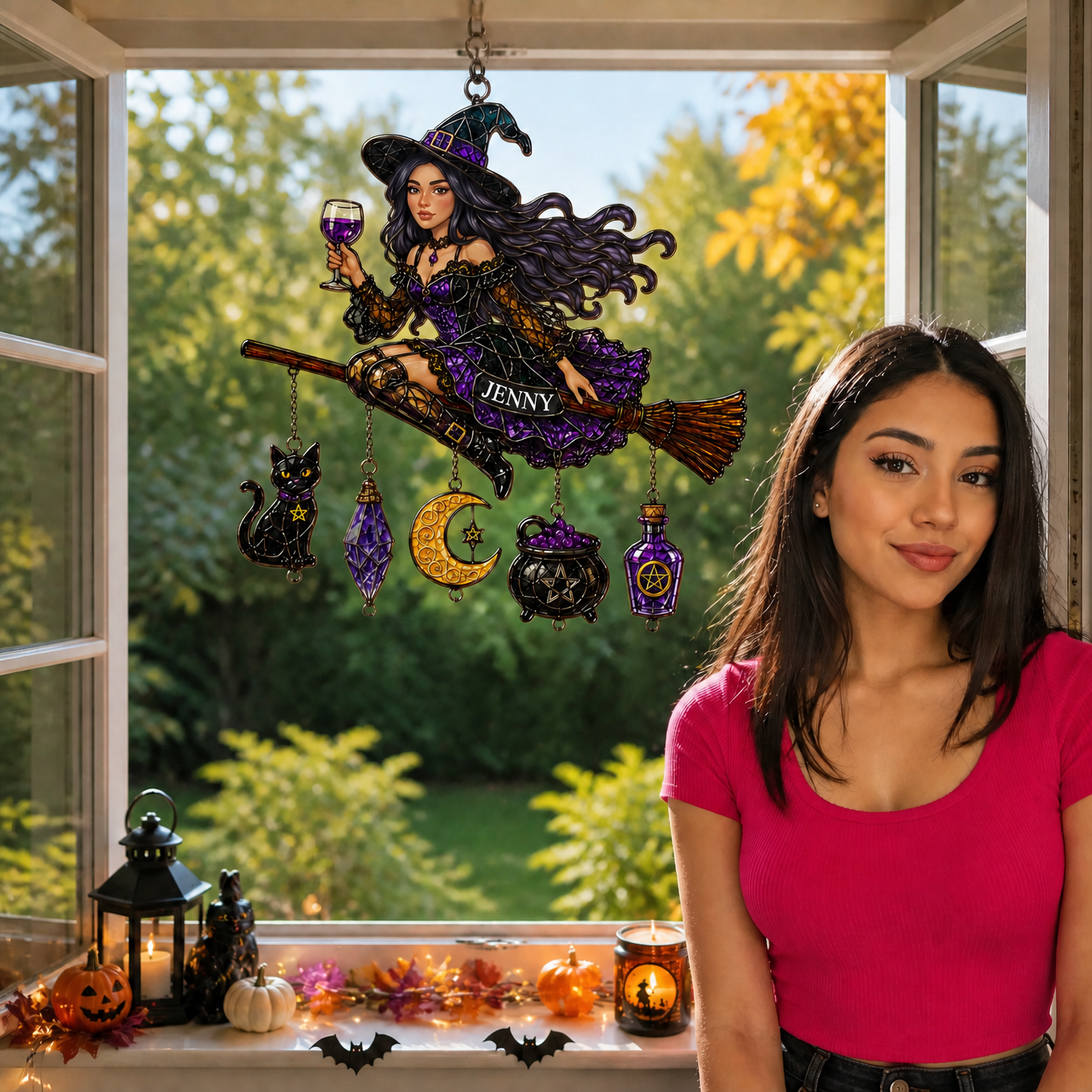 Custom Photo Name Witch Suncatcher Wind Chime, Personalized Magical Window Decor, Gift for Witch Lovers