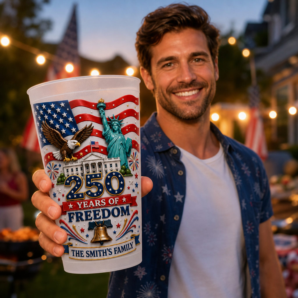 Custom Frosted Cup 4th Of July Gift, Personalized Patriotic Party Cup, USA Freedom Celebration Tumbler, Custom Family Name Independence Day Cup