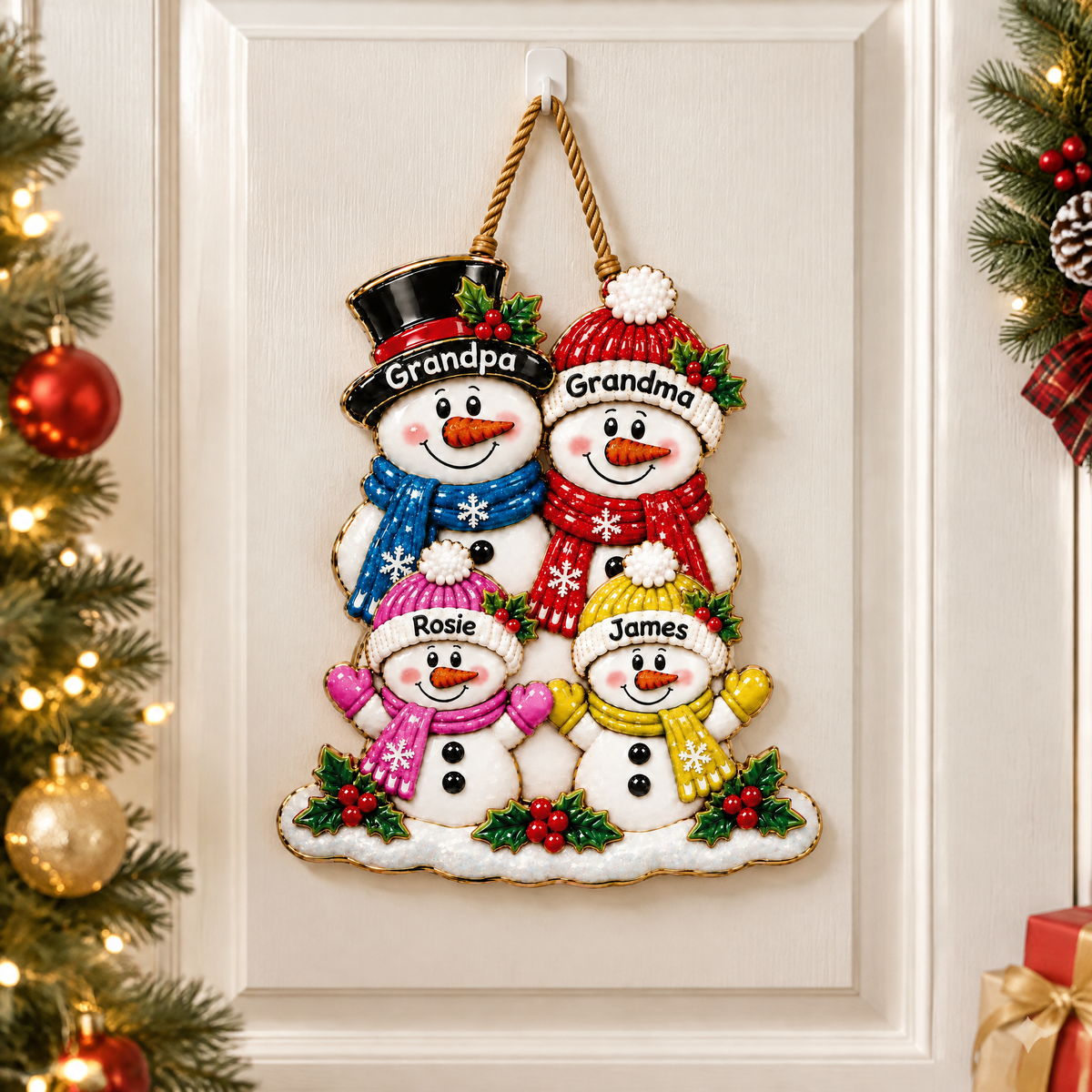 Custom Christmas Snowman Door Hanger With Name, Personalized Holiday Front Door Decor, Gift for Grandparents and Families hn30092026