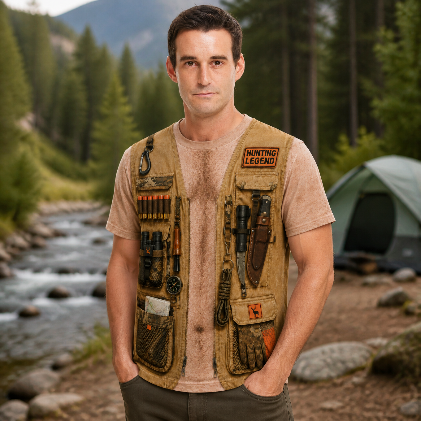 Camping Utility Vest Shirt, Outdoor Adventure T-shirt, Gift for Campers and Nature Lovers