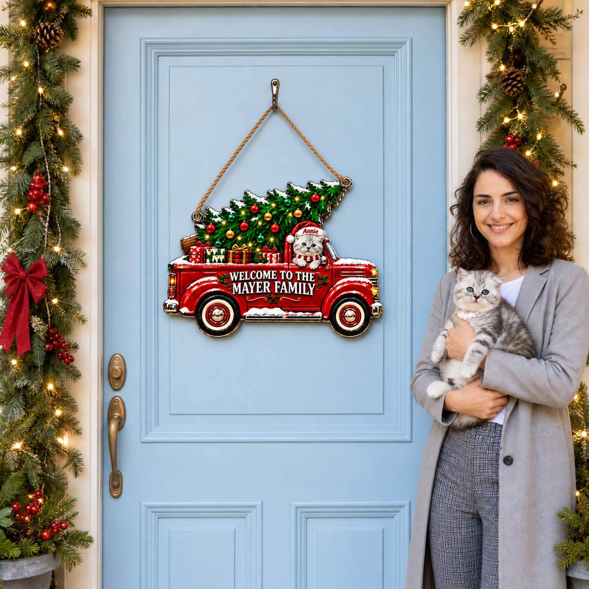 Custom Christmas Pet Family Door Hanger With Photo and Name, Personalized Holiday Door Decor, Gift for Pet Lovers and Families hn17092026