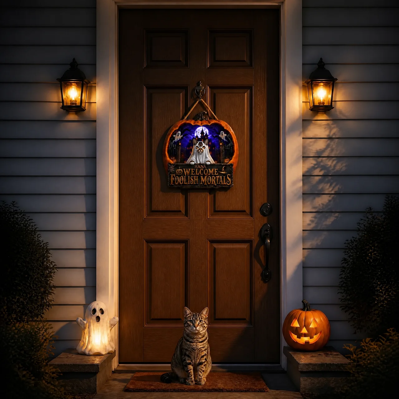 Custom Photo Name Halloween Door Hanger, Personalized Pet Door Hanger, Gift for Cat Lovers