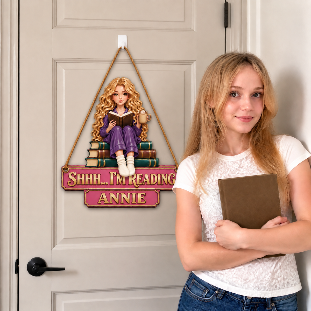 Custom Book Lover Door Hanger With Photo and Name, Personalized Reading Room Decor, Gift for Book Lovers and Readers hn18092026