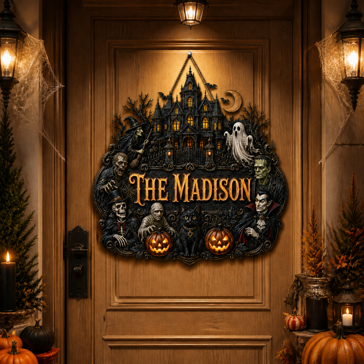 Custom Name Horror Door Hanger, Personalized Halloween Haunted House Sign, Gift for Horror Fans hn05082026