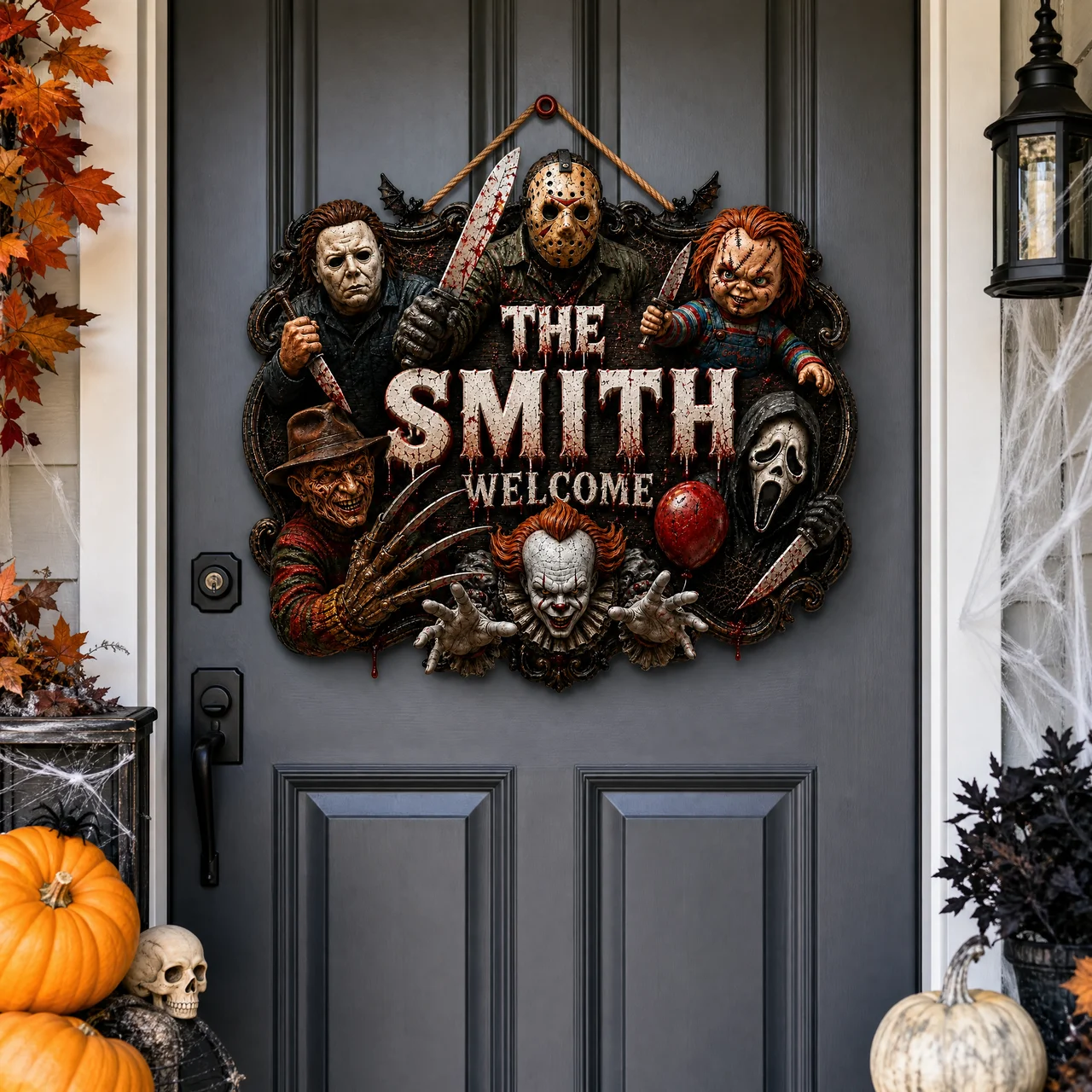 Custom Family Name Horror Slasher Squad Door Hanger - Personalized Creepy Villain Welcome Sign hn27072026